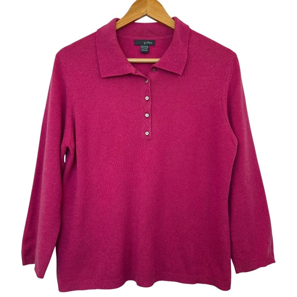 Griffen Cashmere Polo Long Sleeve Top Women's XL Pink lightweight Minimalist